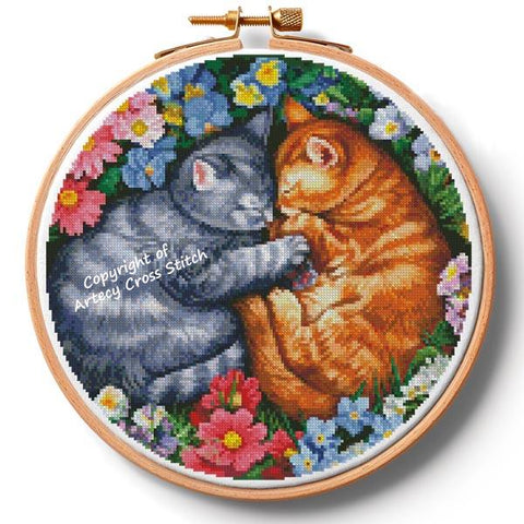 Sleeping Kittens In Flowers Hoop(Extra Large) - Artecy Cross Stitch