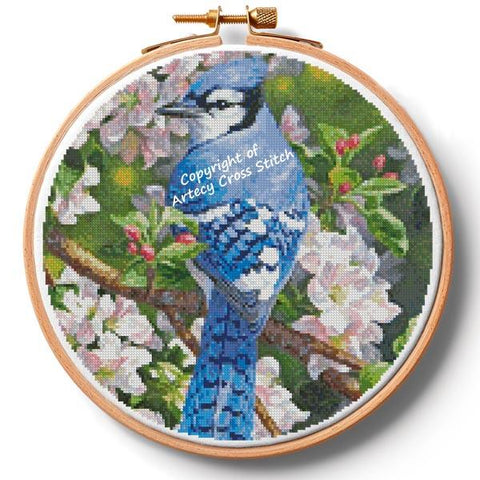 Blue Jay In Apple Blossoms Hoop (Extra Large) - Artecy Cross Stitch