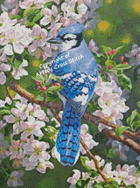 Blue Jay In Apple Blossoms (Crop) - Artecy Cross Stitch