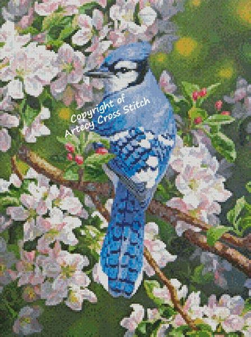Blue Jay In Apple Blossoms (Crop) - Artecy Cross Stitch