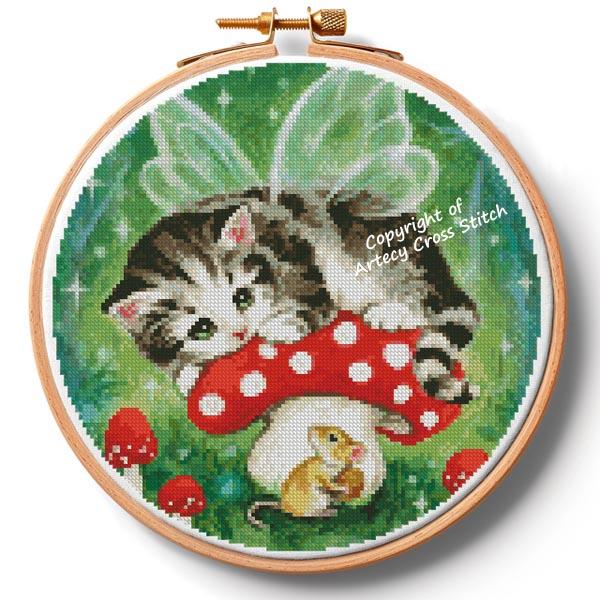 Kitten Fairy On Mushroom Hoop (Large) - Artecy Cross Stitch