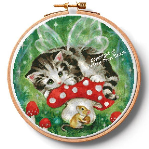 Kitten Fairy On Mushroom Hoop (Large) - Artecy Cross Stitch