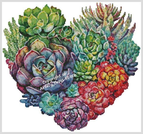 Rainbow Succulent Heart - Artecy Cross Stitch