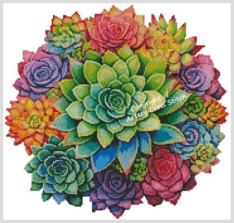 Rainbow Succulent Circle - Artecy Cross Stitch