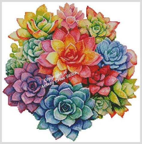 Rainbow Succulent Circle 2 - Artecy Cross Stitch