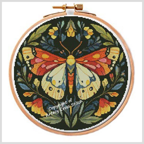Moth And Flowers Hoop 1 - Artecy Cross Stitch