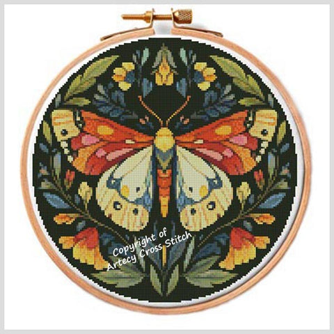 Moth And Flowers Hoop 1 - Artecy Cross Stitch