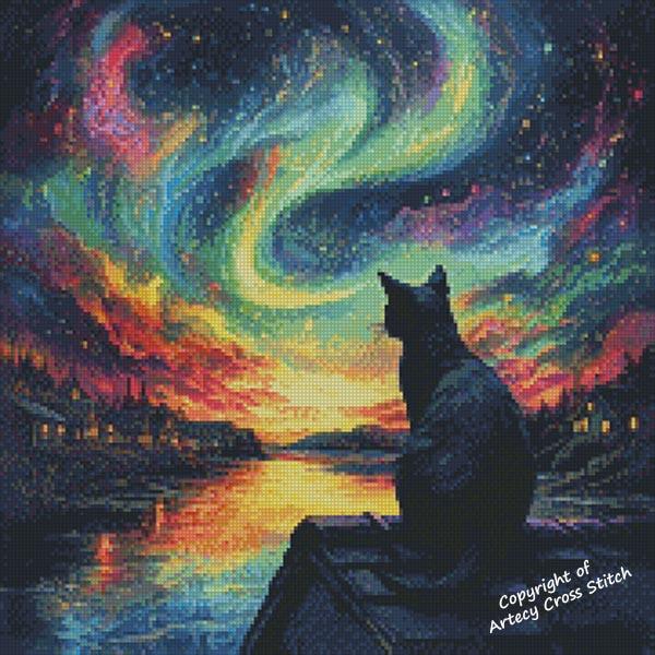Cat Watching Northern Lights 2 - Artecy Cross Stitch