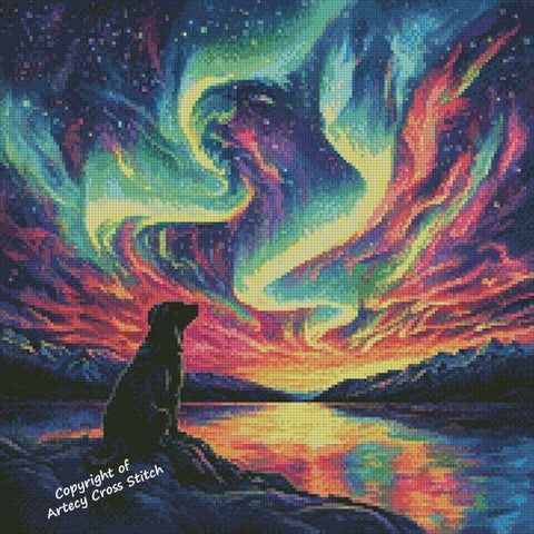 Dog Watching Northern Lights 1 - Artecy Cross Stitch