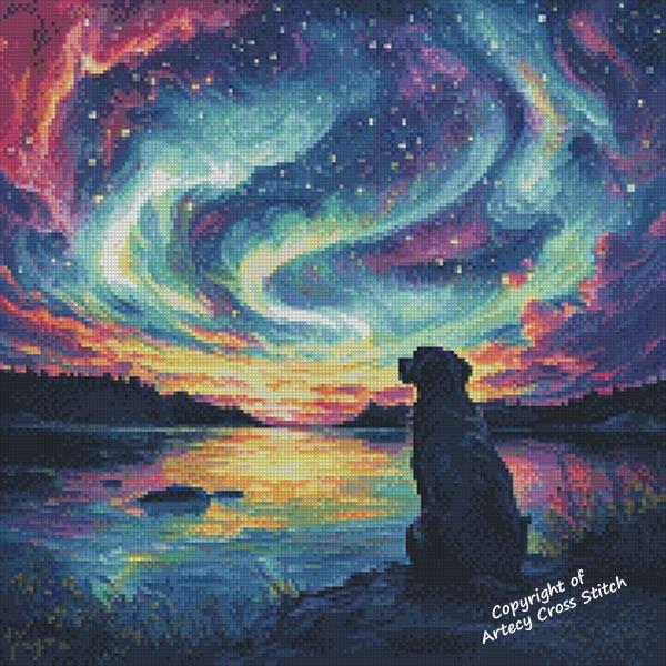 Dog Watching Northern Lights 2 - Artecy Cross Stitch