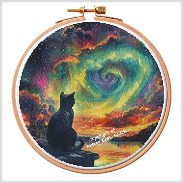 Cat Watching Northern Lights 1 Hoop - Artecy Cross Stitch