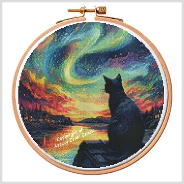 Cat Watching Northern Lights 2 Hoop - Artecy Cross Stitch
