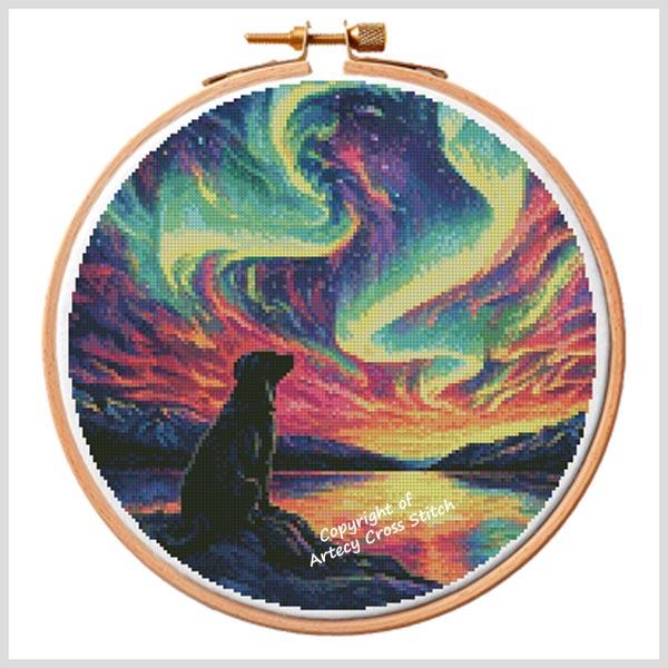 Dog Watching Northern Lights 1 Hoop - Artecy Cross Stitch