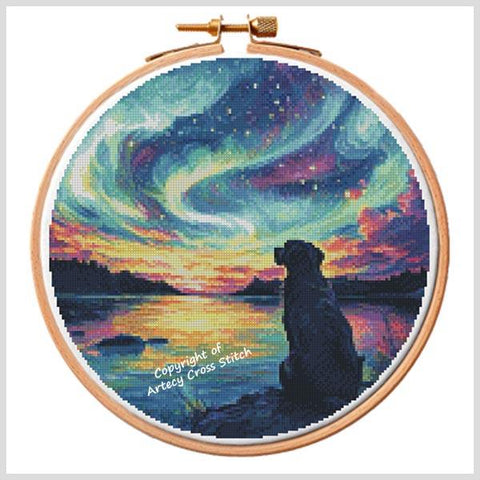 Dog Watching Northern Lights 2 Hoop - Artecy Cross Stitch