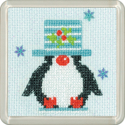 Frosted Penguin Top Hat Coaster By Kristen Roche (Aida) - Heritage Crafts Kits