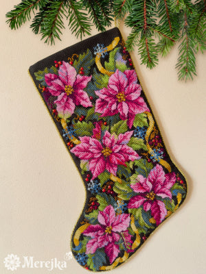 Pink Poinsettia Christmas Stocking (Aida) - Merejka