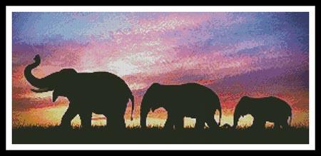 Silhouettes Of Elephants Against Sunset - Artecy Cross Stitch