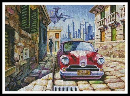 Old Red Car In A Sunny Street - Artecy Cross Stitch