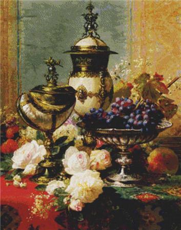 A Still Life With Roses, Grapes And A Silver Inlaid Nautilus Shell - X Squared Cross Stitch
