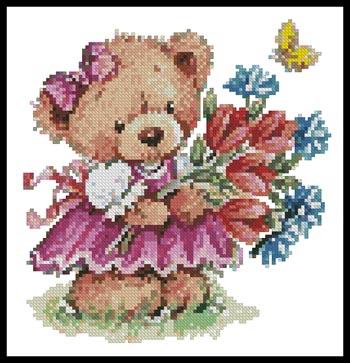 Girl Teddy With Flowers - Artecy Cross Stitch