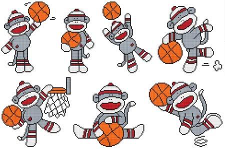 Basketball Sock Monkeys - Cross Stitch Wonders