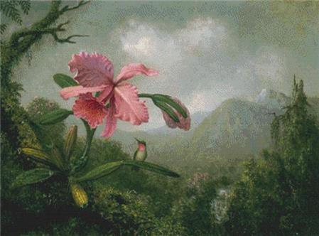 Orchid And Hummingbird Near A Mountain Waterfall - X Squared Cross Stitch