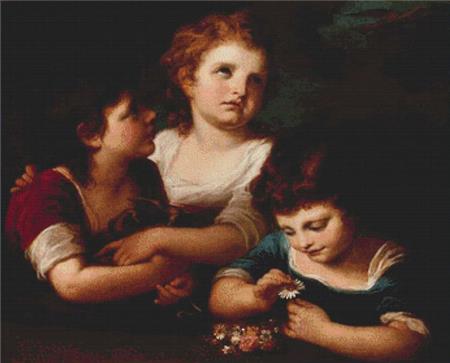 Children With A Bird's Nest And Flowers - X Squared Cross Stitch