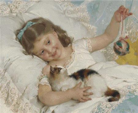A Girl Playing With A Kitten - X Squared Cross Stitch