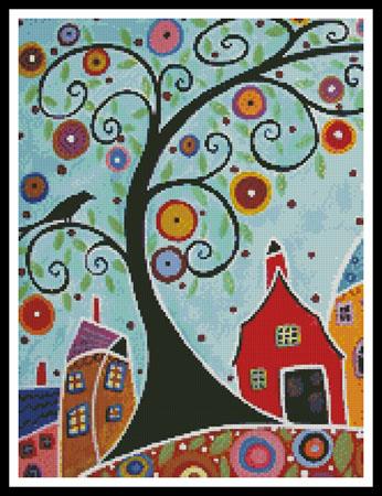 Houses, Barn, Birds And Swirl Tree (Crop) - Artecy Cross Stitch