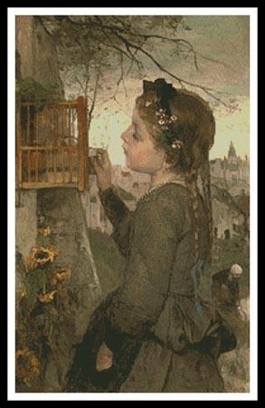 Girl Feeding A Bird In A Cage - Artecy Cross Stitch