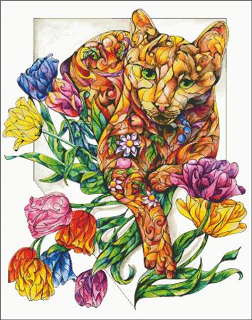 Spring Cat With Tulips - Charting Creations