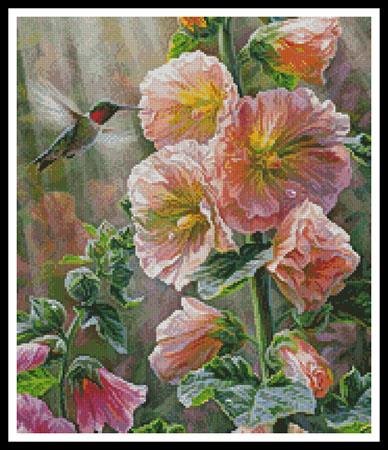 Ruby Throated Hummingbird & Hollyhocks (Crop) - Artecy Cross Stitch