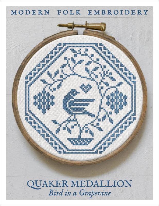 Quaker Medallion: Bird In A Grapevine - Modern Folk Embroidery