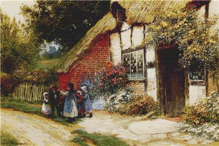 Children Playing Outside A Cottage - X Squared Cross Stitch