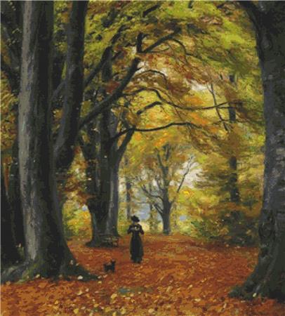 A Young Woman Walks The Dog In An Autumn Forest - X Squared Cross Stitch