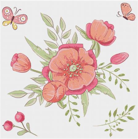 Red Wildflowers And Butterflies - X Squared Cross Stitch