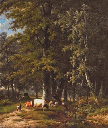 Shepherd With His Flock Resting By A Forest Creek - X Squared Cross Stitch