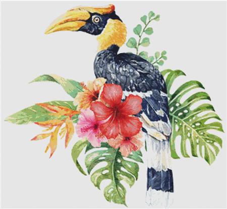 Great Hornbill In Hibiscus Bouquet - X Squared Cross Stitch