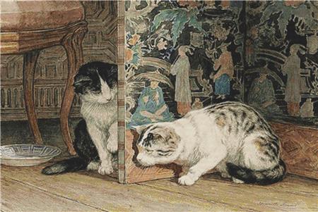 Cats Playing Around A Japanese Screen - X Squared Cross Stitch