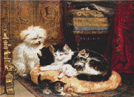 A Cat And Her Four Kittens With A Friendly Dog - X Squared Cross Stitch