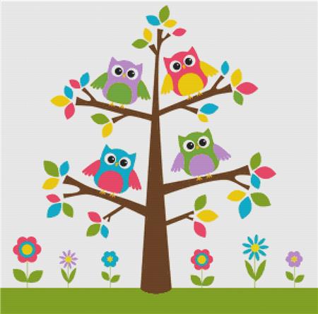 Cute Owls On A Colourful Tree - X Squared Cross Stitch