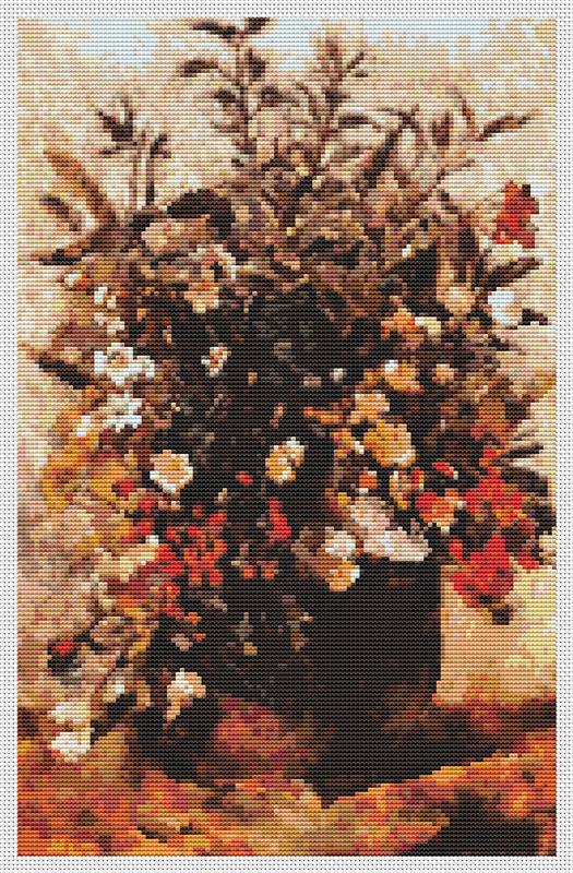 Autumn Berries And Flowers In Brown Pot - Art of Stitch, The