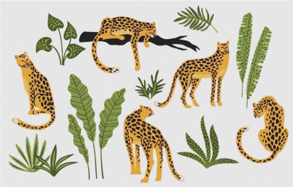 Set Of Leopards And Tropical Leaves - X Squared Cross Stitch