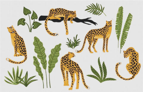 Set Of Leopards And Tropical Leaves - X Squared Cross Stitch