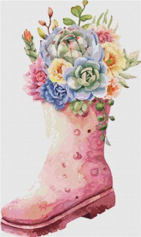 Succulents In A Rain Boot - X Squared Cross Stitch