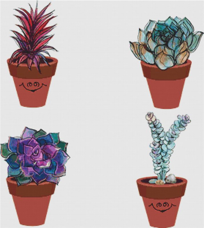 Succulents In Clay Pots - X Squared Cross Stitch