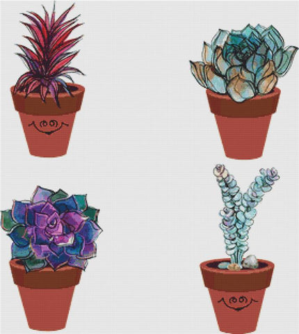Succulents In Clay Pots - X Squared Cross Stitch