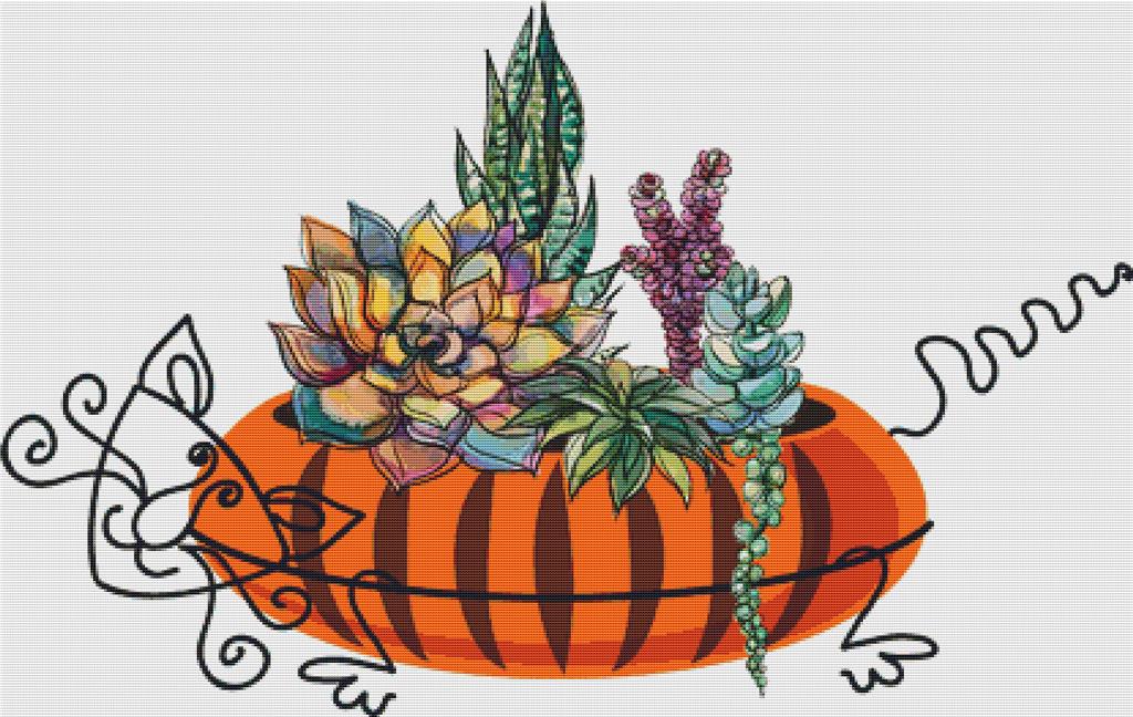 Succulents In A Cat Pot - X Squared Cross Stitch