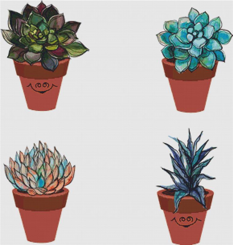Succulents In Clay Pots I - X Squared Cross Stitch