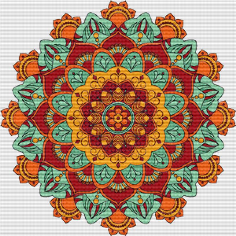 Teal And Orange Mandala - X Squared Cross Stitch